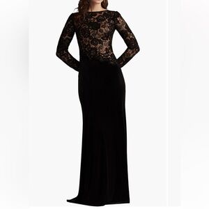 Tadashi Shoji Forena Embroidered Bodice Long Sleeve Black Lace Gown Maxi Dress